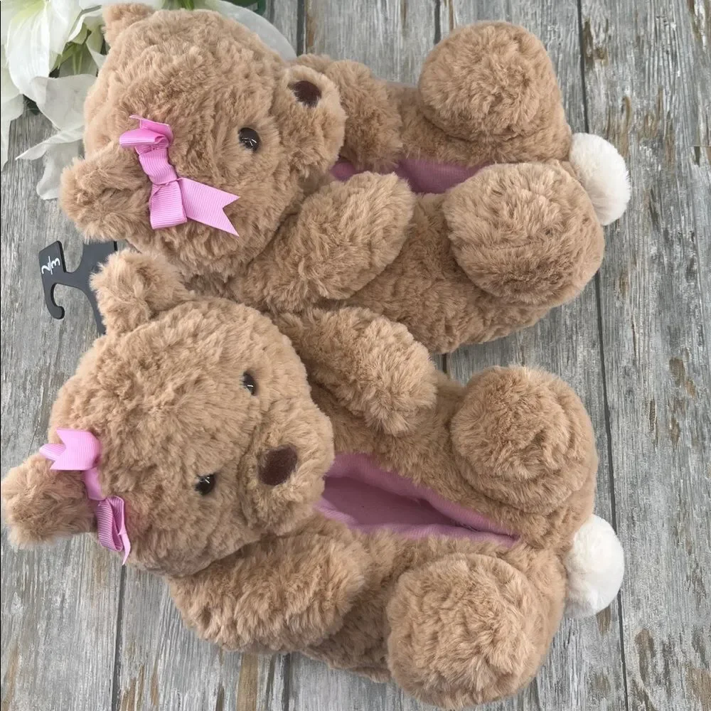 Little Girls Plush Teddy Bear Slippers Shoes Size 2-3